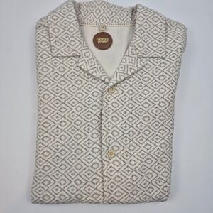 Common People Mens M Linen Blend Shirt Diamond Print Beige Blue NWT Short Sleeve